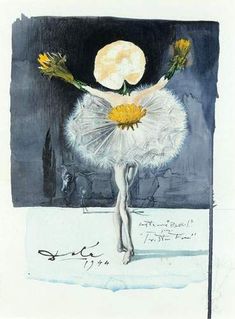 a drawing of a ballerina with flowers in her arms and the moon above her head