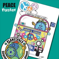 a poster with the words peace on it and an image of a bus in front