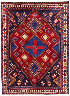 78855 Vintage Persian Lori Rug, 06'10 x 09'04. Behold the vintage Persian Lori rug, an exquisite hand-knotted woolen masterpiece that showcases the artistry and cultural heritage of its creators. The central motif is a commanding royal blue diamond medallion dotted with a red cross and rosette, radiating from the heart of the rug, symbolizing strength and stability. This powerful medallion is set against a vibrant red backdrop, creating a striking contrast that draws the eye and captivates the i Modern Persian Art, Modern Persian Rug, Iranian Rugs, Iranian Culture, Iranian Carpet, Red Backdrop, Stitching Ideas, Persian Culture, Painted Rug