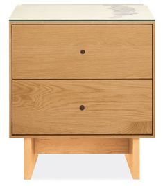 a wooden nightstand with two drawers and a glass top on the bottom, against a white background