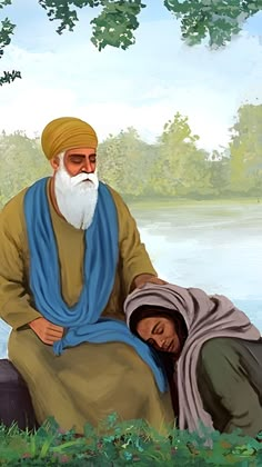 an old man with a white beard sitting next to a young boy in front of a body of water