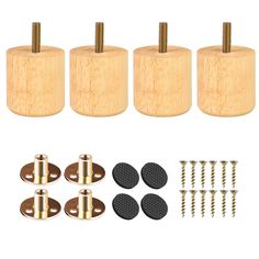 four wooden knobs with screws and nails in front of each other on a white background