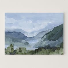 Landscape painting of misty mountains and forested hills. Acrylic Painting Mountains, Alaska Mountains, Ski Town, Landscape Paintings Acrylic, Mountain Wall Art, Cayman Islands, Mountain Landscape, Belize, Caribbean Netherlands