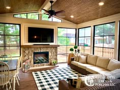 a living room filled with furniture and a flat screen tv mounted on the wall above a fire place