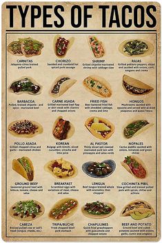 an old poster with different types of tacos on it's sides and names