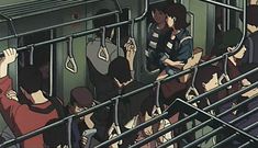 an anime scene with many people on the train and one person holding his hand up