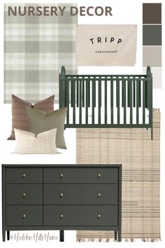 Nursery decor mood board for a baby boys room! Cute outdoorsy nursery idea with brown and green tones Nursery Ideas For Boys, Modern Baby Boy Nursery, Green Baby Nursery, Vintage Nursery Boy, Tilly Upholstered Bed, Green Boys Room, Decor Mood Board, Baby Boys Nursery