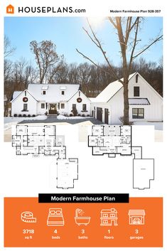 white farmhouse plan with big porch in the front Farm Style House Plans, Modern Farm Style House, House Plans Drawing, Farmhouse Bungalow, House Plans Luxury, Farm Style House, Looking For Houses, Country Farmhouse Style, Country Craftsman