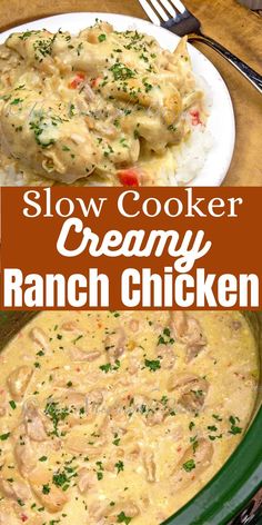 creamy ranch chicken is served over rice in a green crock pot