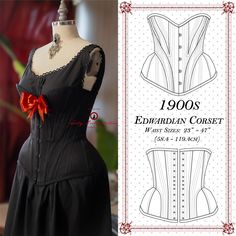 ❤❌ This PDF Pattern is for a 1906 Corset ❌❤ COMES WITH FULL INSTRUCTIONS! STEP-BY-STEP! BRAND NEW PATTERNS! Pattern prints out at full scale in Paper Sizes: A4: 21 x 29.7 cm US Letter: 8.5 x 11 inch MULTIPLE WAIST SIZES: 23 - 47 inch (58.4 - 119.4cm) Busk Length: 10 inch "Bloody Emma" is a low-bust Corset, with Bust Gores, Hip Gussets, Gores and Gussets Galore! She is absolutely stunning, and easier in construction than she looks. Emma is a single-layer Corset, with a front Metal Busk Closure. There are FULL step-by-step instructions included!! For all of you lovely people ❤. Instructions have detailed drawings, descriptions - with imperial AND metric measurements!  Plus a guide on how to measure yourself accurately. I rigerously test ALL of my patterns, making sure the fit, grain-lines, a Types Of Corsets, Halloween Victorian, Edwardian Corsets, Corset Training, Victorian Costume, Underbust Corset, Detailed Drawings, Interstellar, Costume Halloween