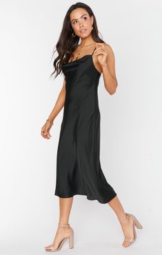 The Verona is your DREAM satin and silky cowl neck dress, she is cut on the bias for that perfect slipdress draping. This dress features adjustable straps, a cowl neck and a crisscross back. Black Satin Bridesmaid Dress, Short Black Bridesmaid Dresses, Bridesmaid Dresses Midi, Black Satin Midi Dress, Night Mood, Plunge Midi Dress, Long Sleeve Bridesmaid Dress, Midi Bridesmaid Dress, Black Bridesmaid