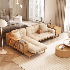 a living room filled with furniture and a large mirror