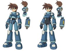 an animation character in blue and white armor with two arms, one hand on his hip