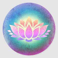 a watercolor painting of a lotus flower on a blue, pink and green background