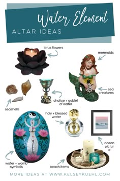 Altar Elements, Water Altar Ideas, Elemental Altar Ideas, Crystals That Can Go In Water, Element Altar Ideas, Altar Items, Water Element Altar Ideas, Water Altar, Meditation Altar Ideas