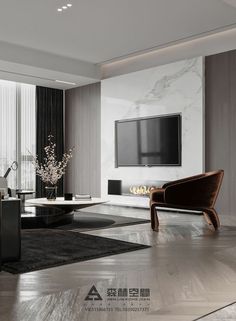 an elegant living room with marble floors and large television mounted on the wall, along with modern furniture