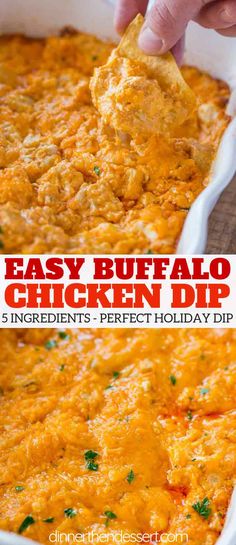 an easy buffalo chicken dip recipe in a white casserole dish