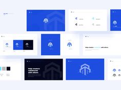 the blue and white logo design is displayed on several different types of paper, including one with