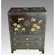 A tasteful, elegant as well as versatile Chinese cabinet in a nice compact size and lots of storage space. Traditional form with open storage area behind two hinged doors and two long drawers below. The surfaces with carved and colored scenes portraying various bluebirds amongst flowers in shades of orange, peach and apricot.  Top, sides and front are all hand decorated in traditional Chinese style.  Coromandel in style with iron Ming style hardware.  Can be used in many locations in the home - Chinese Cabinet, Cabinet With Drawers, Storage Cabinet With Drawers, Table Bedside, Peony Flowers, Asian Decor, Hall Table, Black Lacquer, Storage Area