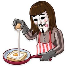 a person with a creepy face is cooking food on a pancake plate and has an egg in it