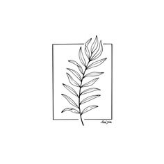 a black and white drawing of a leaf in a square frame on a white background