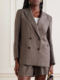 BLAZÉ MILANO Havana Everynight double-breasted pinstriped linen blazer Porter Bag, Summer Style Guide, Flat Dress Shoes, Dress Flats, Business Suit, Sports Suit, Linen Blazer, Jeans Jumpsuit, Everyday Wardrobe