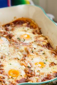 a casserole dish with eggs in it