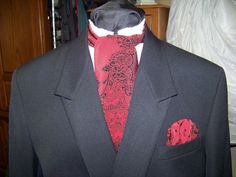 Ascot or Carvat Red and Black Floral Paisley lacey look silky Necktie, Red And Black, Black Floral