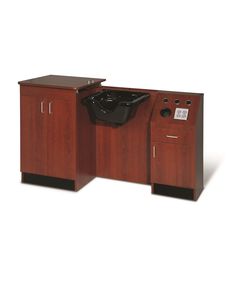 an office desk with a sink and cupboards on the sides, against a white background