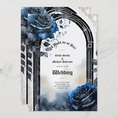 the wedding card is decorated with blue roses and an arch in black and white colors