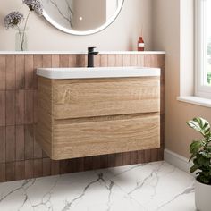 a bathroom with a sink, mirror and potted plant