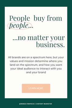 a white and green business card with the words people buy from people no matter your business