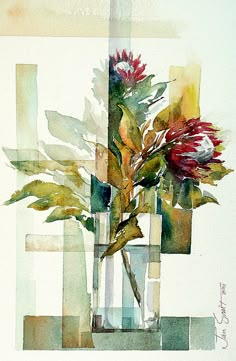 a watercolor painting of flowers in a vase