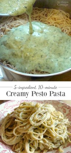 the process of making creamy pesto pasta is shown in three different pictures, including one being