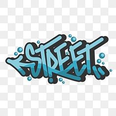 the word street is painted in blue and black ink on a white background, with bubbles