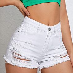 Super Cute And Stylish Ships In 5-10 Business Days Chic Ripped Shorts For Spring, Cowgirl Shorts, White Short Shorts, Shorts Ripped, White Jean Shorts, White Denim Shorts, Women Shorts, Trendy Summer Outfits, Crop Top And Shorts