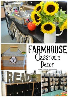 a collage of photos with sunflowers, books and other items in them