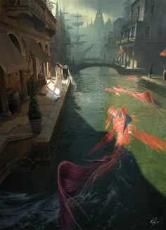 a painting of two mermaids floating in the water next to some buildings and boats