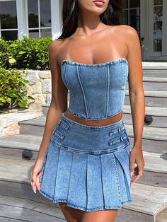 Blue Stretch Denim Two Piece Set - AnotherChill Pleated Denim Skirt, Vintage Denim Dress, Short Pollera, Chique Outfits, 2 Piece Skirt Set, Strapless Crop Top, Split Skirt, Mini Robes, Cropped Tops