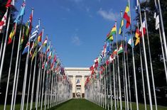 many flags are lined up on poles in front of a building