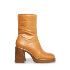 FANTSIE Tan Leather Stacked Heel Bootie | Women's Platform Bootie – Steve Madden Shoe Rotation, Square Toe Leather Boots, Bank Job, Leather Block Heels, Floral Dresses, Mid Calf Boots