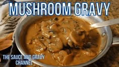 mushroom gravy in a skillet with spoons on the side and title overlay