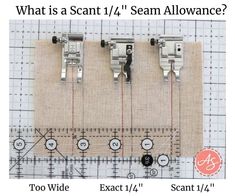 three sewing machine needle tips are shown on a piece of fabric with the words, what is a scant / i / 4 seam allowance?