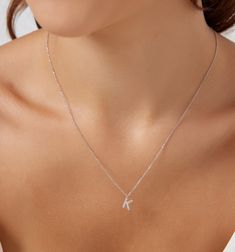 "14K SOLID WHITE GOLD DAINTY INITIAL NECKLACE WITH DIAMONDS Metal : 14K Solid Gold Necklace Length : 16 inches / 40cm Letter Height : 8.20mm Letter Width : 6.00mm Diamond : 14 Diamonds --- Nice White Color Sparkle Diamonds ---- G-H color SI2 clarity Total Carat: 0.08ct to 0.12cts (Depending on the letter) ---MADE IN USA--- ---All letters from A to Z are available. Please indicate your letter choice in the \"notes to seller\" section on the order. ---This is a beautiful 14K Solid White Gold Daint Letter K Necklace, K Necklace, Necklace With Diamonds, Dainty Initial Necklace, Diamond Initial Necklace, Solid Gold Necklace, Letter K, Emerald Earrings, Initial Pendant