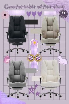 an image of office chairs in different colors and sizes on a tiled background with the words comfortable office chair above them