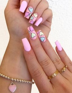 Nail Art On Blue Nails, Cute Nails For Valentines Day Short, Fun Valentines Nails Pink, Valentine Acrylic Nail Designs, Valentines Day Nails Dark, Anti Love Nails, Fun Valentines Nails, Fun Pink Nails, Pink Nail Art Designs