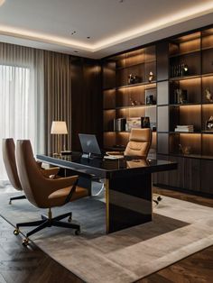 an office with a large desk and chairs