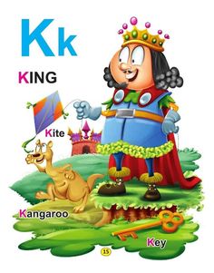 the letter k is for king and his animals are in front of him with their name