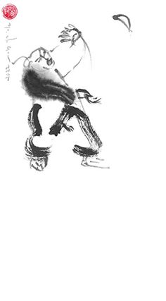 an ink drawing of a man riding a skateboard with birds flying around him on a white background