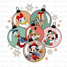 mickey mouse and friends christmas ornament set with snowflakes on the background